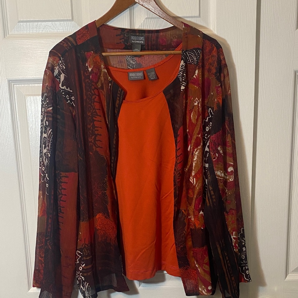 Chico's plus XL Top 3, 16 plus Boho Rust Tank Top Multicolor Sheer Jacket